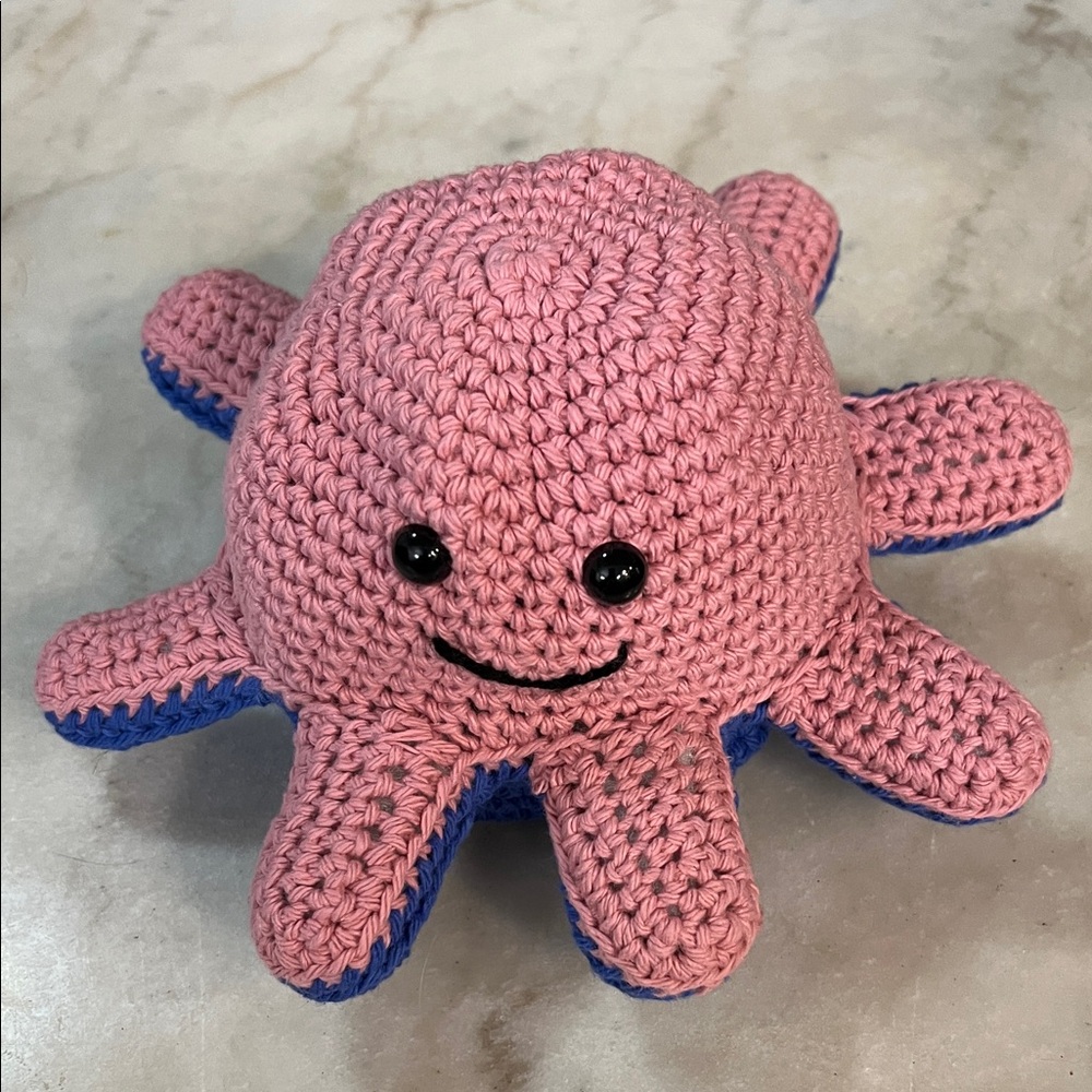 Pink and Blue Crochet Octopus Toy Happy/Sad flip